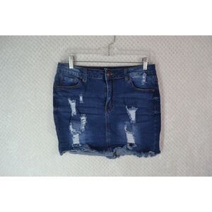 Wax Jean Women's Large Dark Wash Distressed Short Jean Skirt